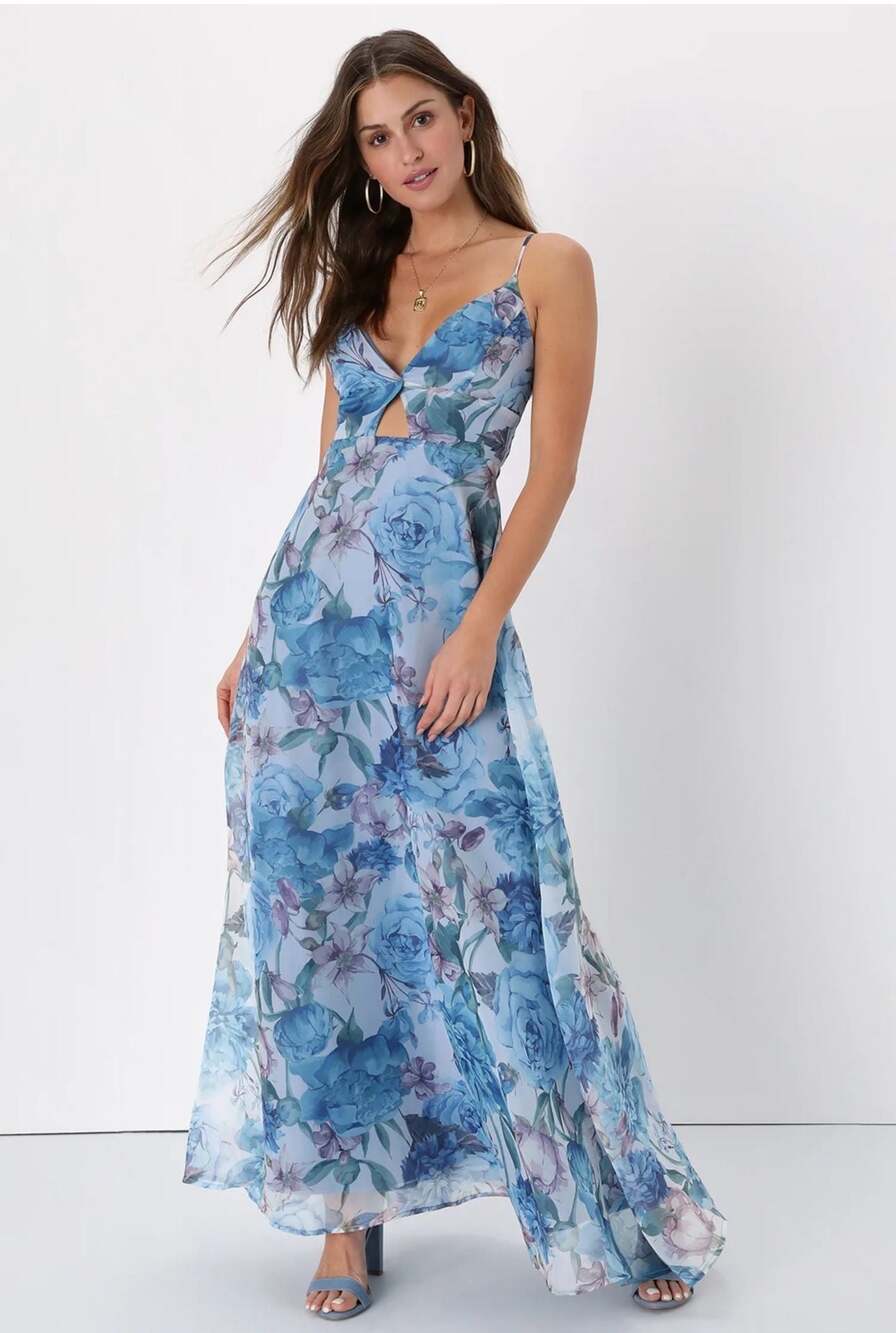 Lulu’s Blue Floral Print Keyhole Maxi Special Occasion Formal Flowy Dress Medium